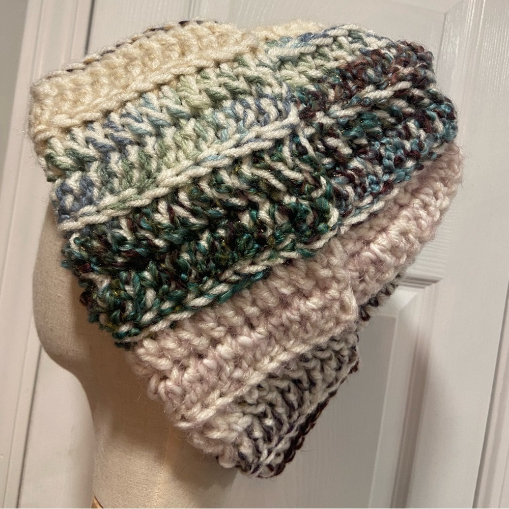 Handmade Crochet Super Chunky Ribbed Upcycled Multi Fiber Scrap Yarn Beanie Hat